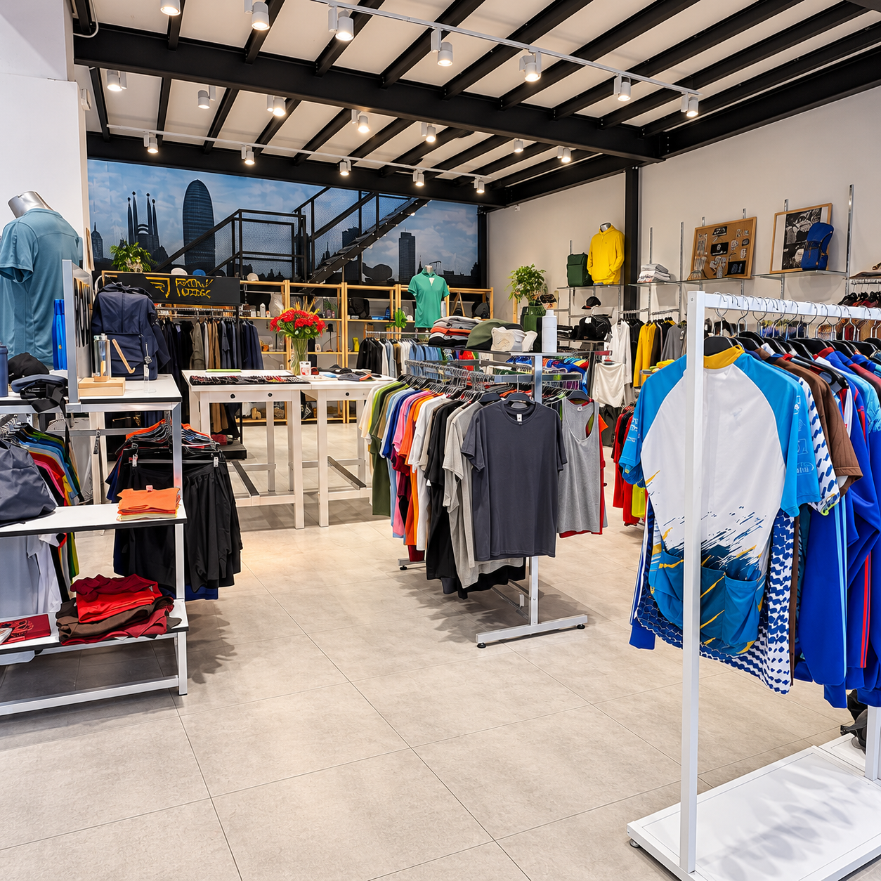 Interior de la tienda de Textil Punt, con camisetas, sudaderas y equipaciones deportivas personalizadas expuestas